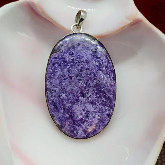 Huge Purple Charoite Sterling Silver Pendant Oval Slab 3" Long 26.4g - Picture 3 of 9